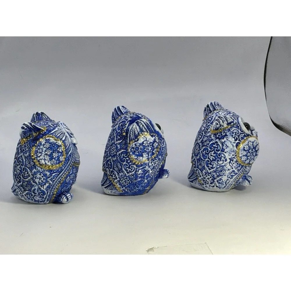 See No Evil Hear No Evil Speak No Evil Blue/white Resin Owls Gold Accents